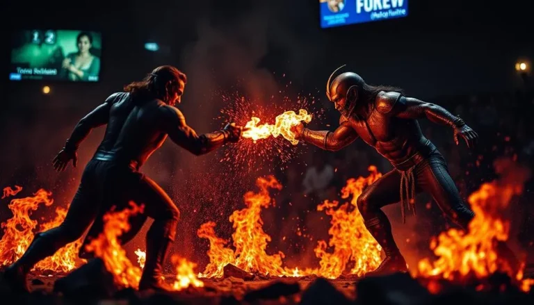 Image of two man face of through the fire.