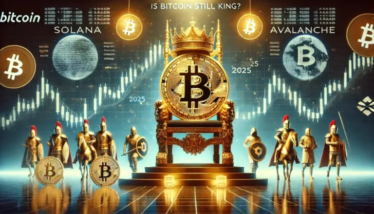 an image of futuristic bitcoin sitting on the throne like a king.