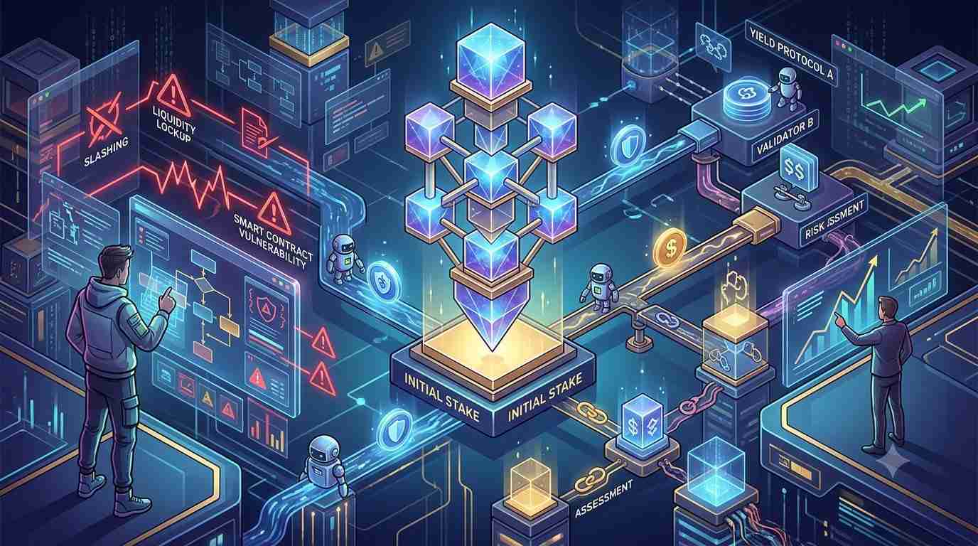 Restaking protocol dependencies, slashing, liquidity lockup, and smart contract risk