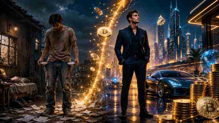 Man moving from poverty to crypto wealth in a futuristic city