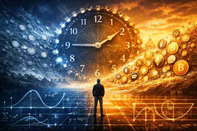 Crypto narrative timing shown as a clock, market math and rising token wave