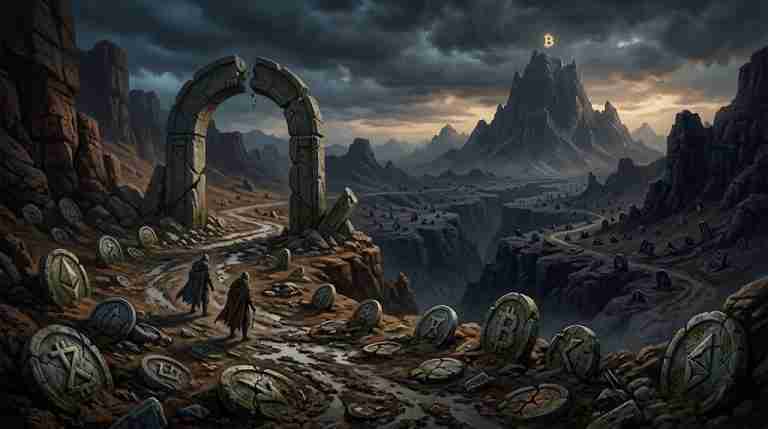 Ruined stone archway and cracked altcoin markers on barren ground with Bitcoin glowing on a distant peak