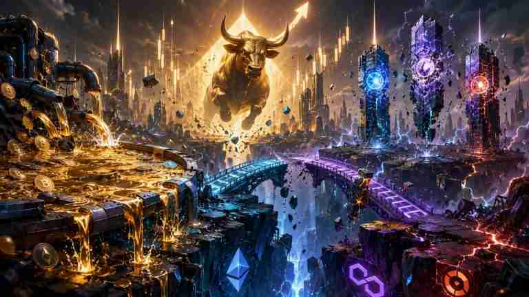Charging bull above cracking DeFi infrastructure with liquidity pipes, oracle towers and a breaking bridge