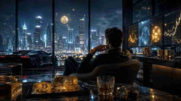 Crypto investor looking out over a night city skyline with bitcoin coins and market charts nearby