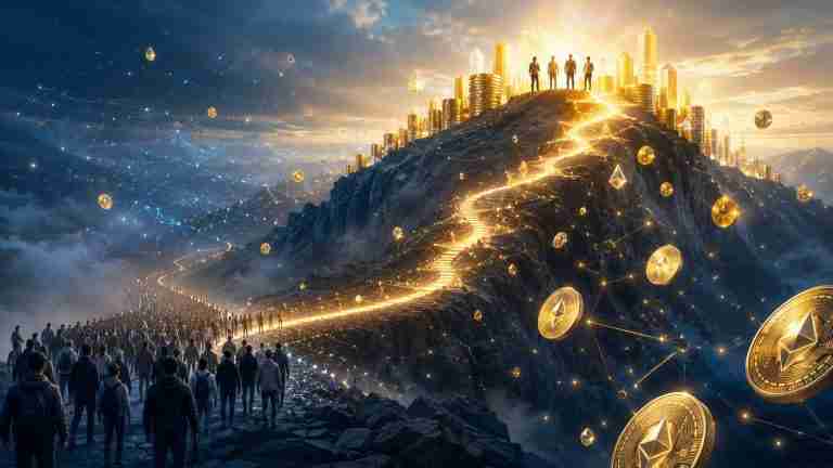 Crowd climbing a mountain path toward a golden summit of crypto coins reached by early investors