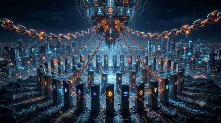 Top 50 crypto projects shown as a golden city while hidden operators pull control strings underneath