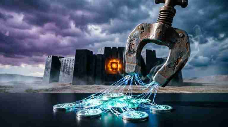 Industrial clamp pulling control wires from a pile of glowing stablecoins outside a fortified vault