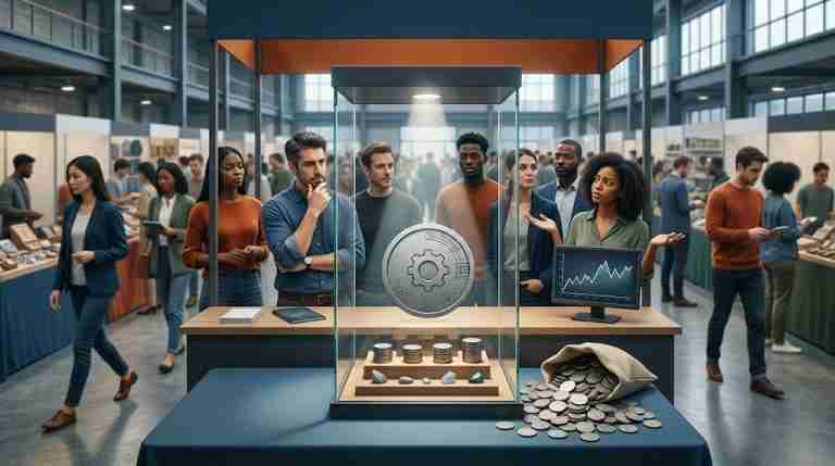 Visitors examining a token in a glass display case at a trade show while showing little interest