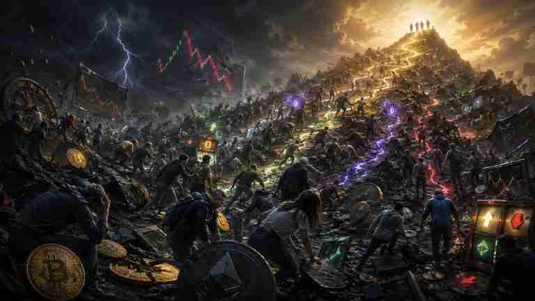 Crowd of investors struggling on rocky ground while a few reach a glowing summit above the market