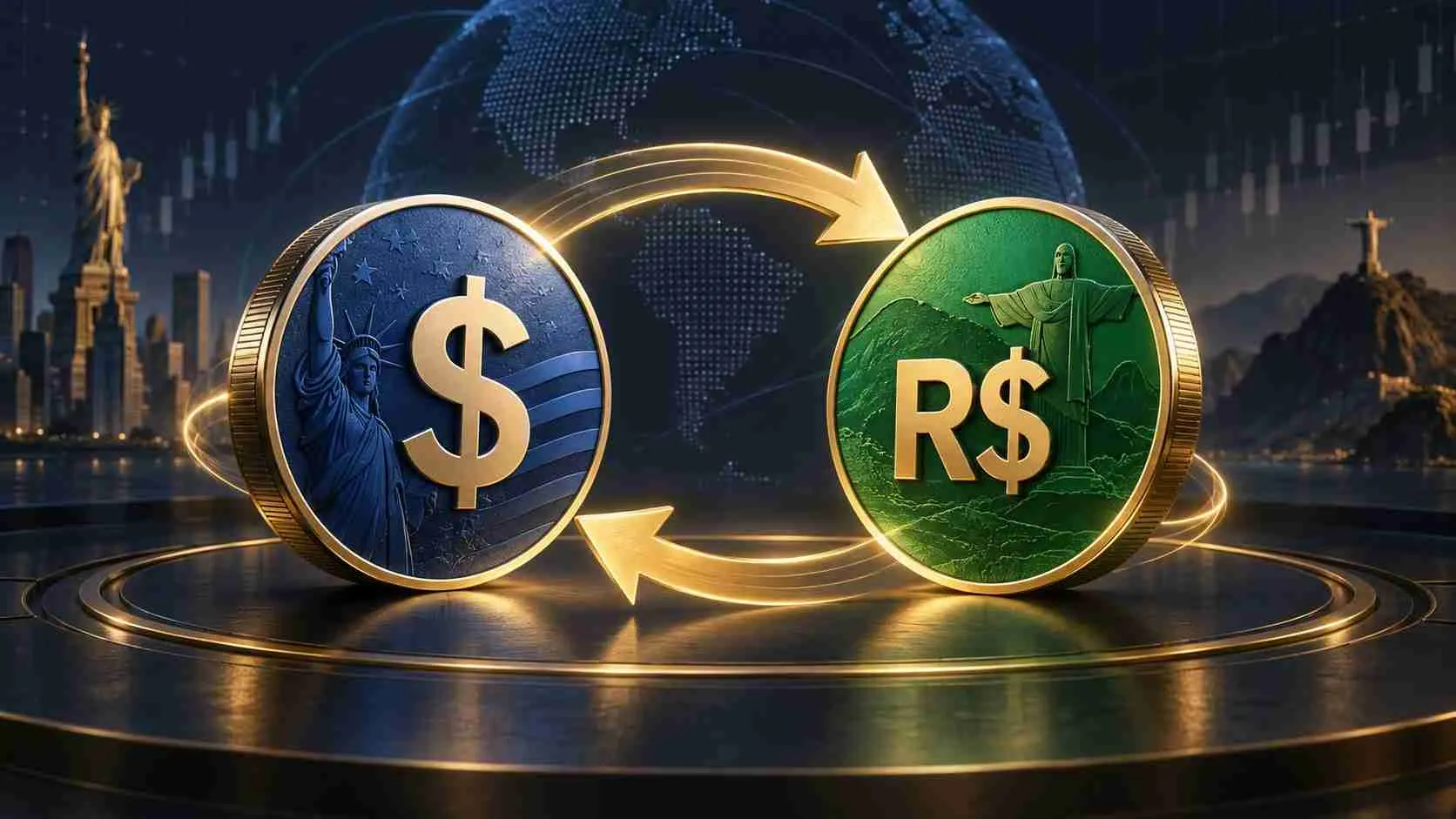 Editorial illustration of US dollar and Brazilian real currency symbols linked by golden exchange arrows