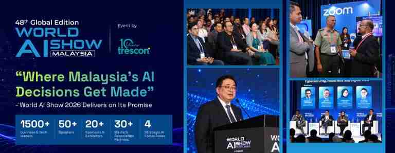 World AI Show Malaysia 2026 banner showing attendees, a keynote speaker, the Zoom exhibition booth and a panel discussion