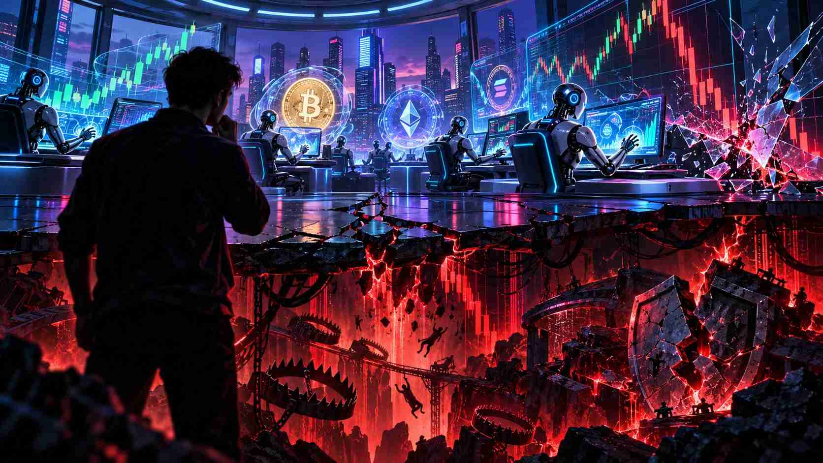 Robots trading digital assets above a cracked floor and falling price charts
