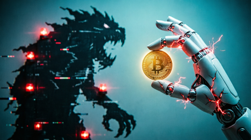 Damaged robotic hand holding Bitcoin beside a threatening digital machine