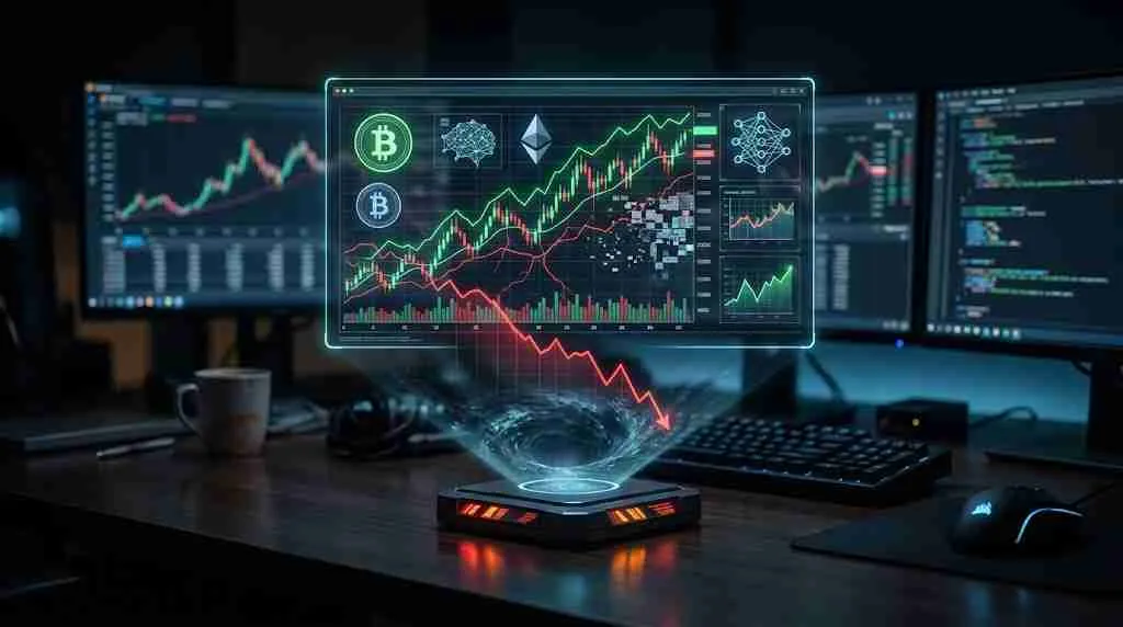 Crypto trading dashboard above a digital vortex illustrating the risks of automated trading