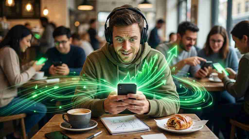 Excited investor checking a phone as green market arrows surround a cafe