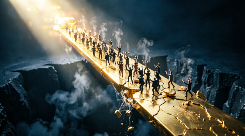 Crowd following a glowing path over a cracked bridge illustrating herd behavior