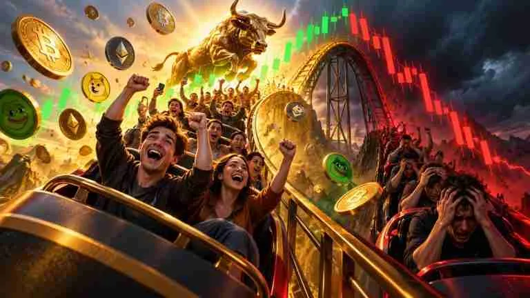 Investors on a crypto market roller coaster rising toward a golden bull and falling price charts