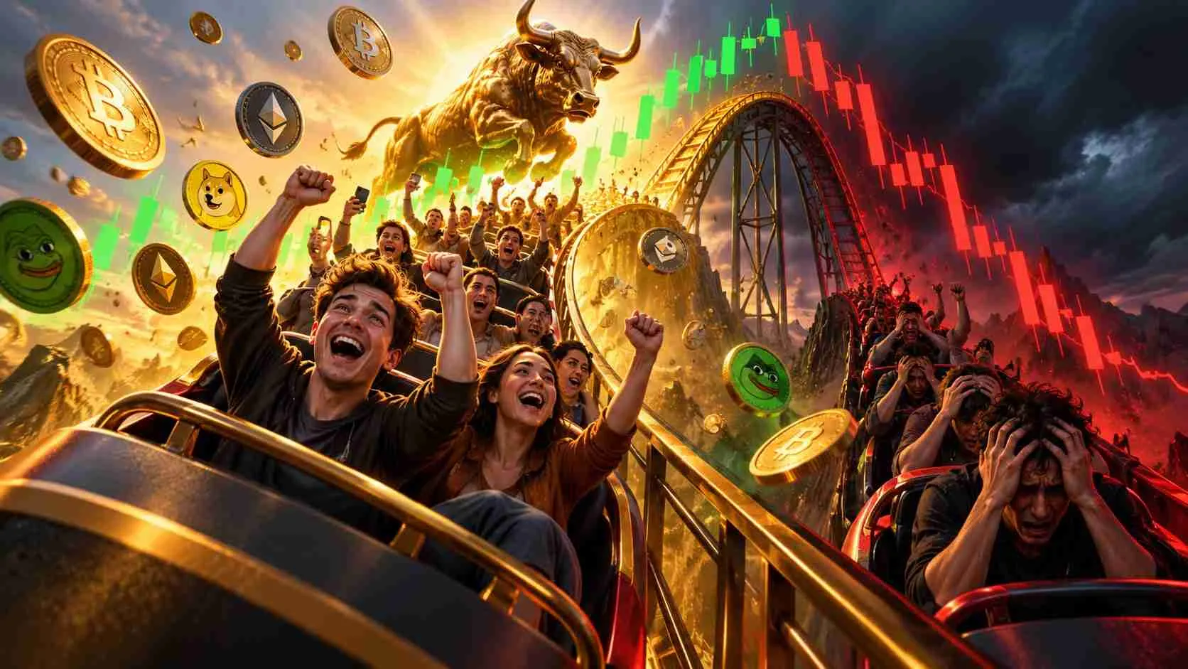Investors on a crypto market roller coaster rising toward a golden bull and falling price charts