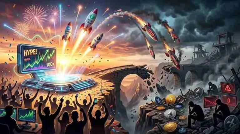 Illustration of crypto launch rockets rising amid hype before falling toward a broken bridge and declining charts