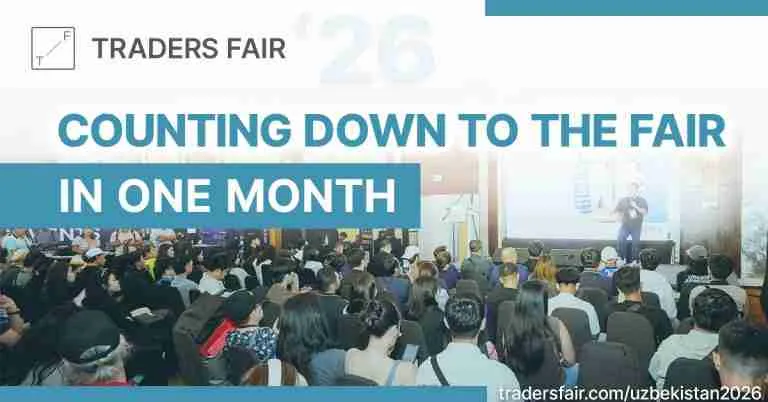 Traders Fair Uzbekistan 2026 countdown banner showing an audience at a financial education session