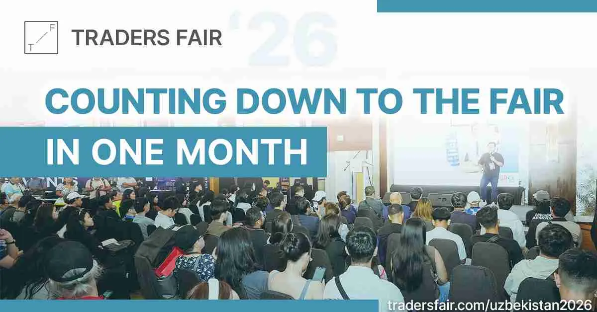 Traders Fair Uzbekistan 2026 countdown banner showing an audience at a financial education session