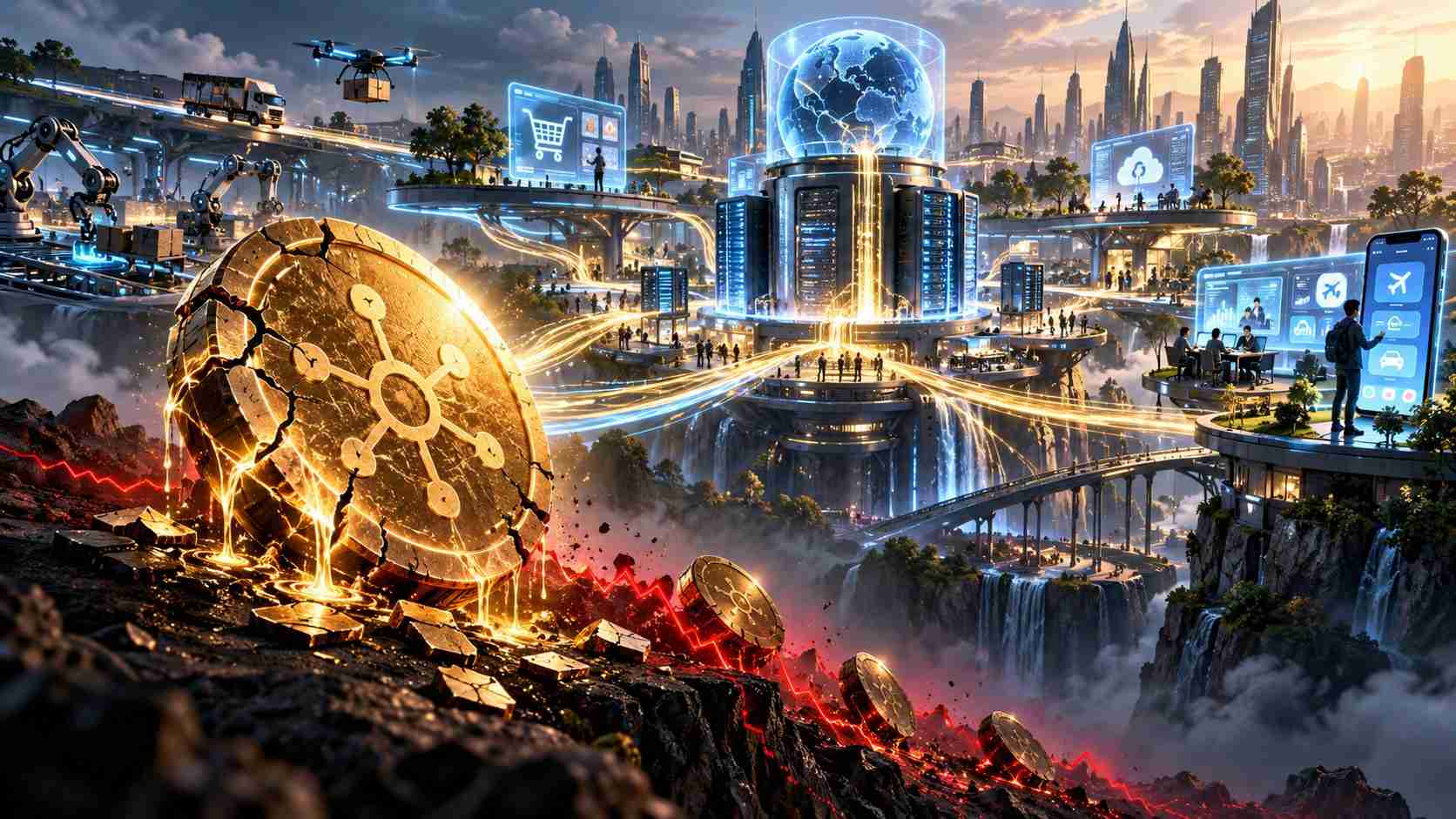 Utility token cracking beside a busy digital city illustrating weak value capture