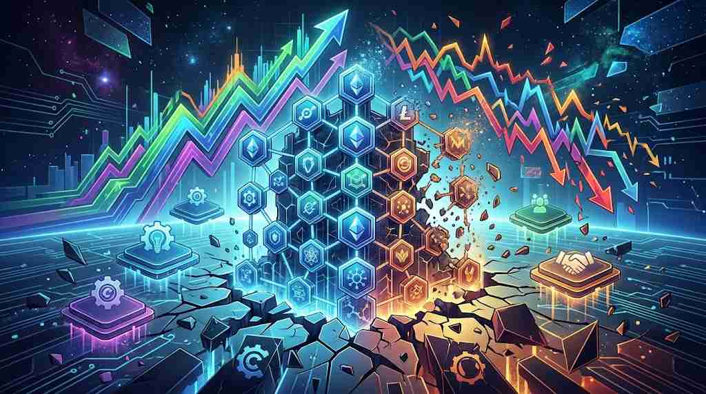 Token network breaking apart beneath rising and falling market arrows