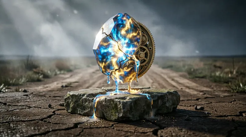 Cracked mechanical token melting on a pedestal in a barren landscape